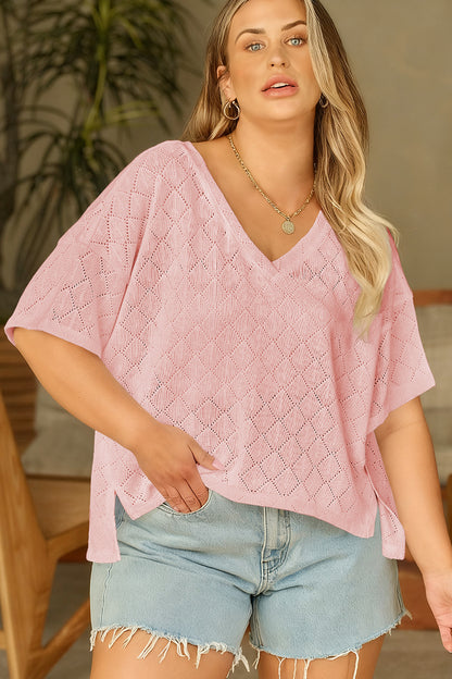 Pointelle Rhombus Knit Plus Size V Neck Loose Top