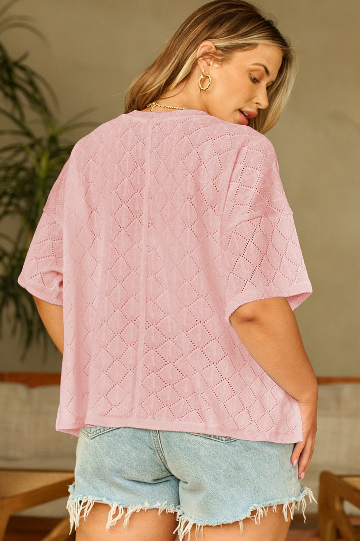 Pointelle Rhombus Knit Plus Size V Neck Loose Top