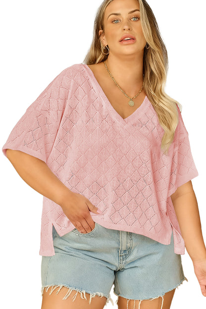 Pointelle Rhombus Knit Plus Size V Neck Loose Top