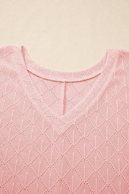 Pointelle Rhombus Knit Plus Size V Neck Loose Top