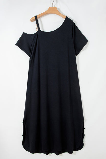 Asymmetric Shoulder Detail Short Sleeve Plus Size Maxi Dress