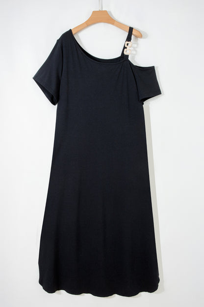 Asymmetric Shoulder Detail Short Sleeve Plus Size Maxi Dress