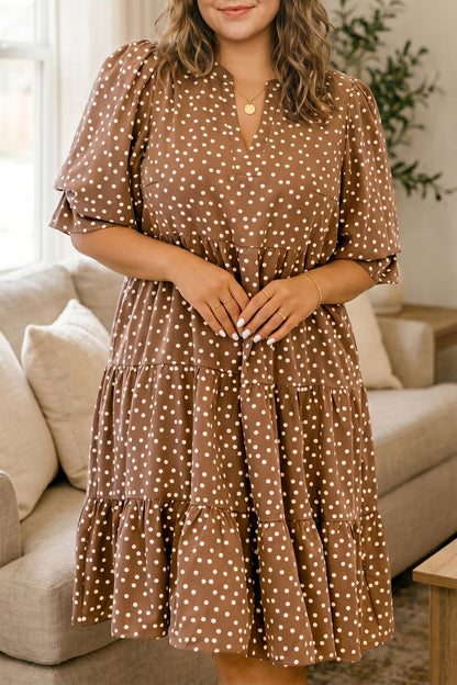 V Neck Polka Dot Long Sleeve Shift Plus Size Dress