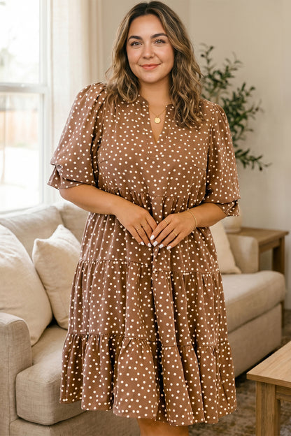 V Neck Polka Dot Long Sleeve Shift Plus Size Dress
