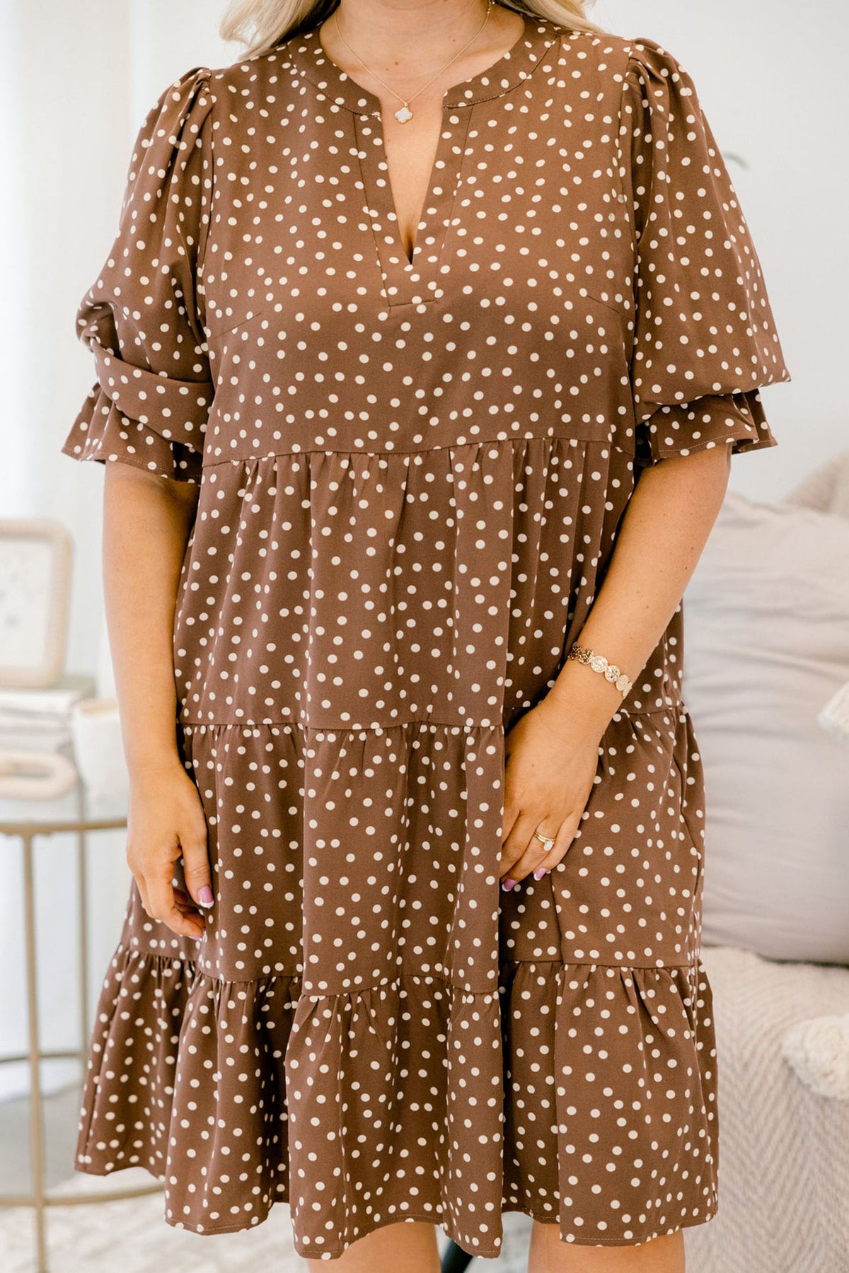 V Neck Polka Dot Long Sleeve Shift Plus Size Dress