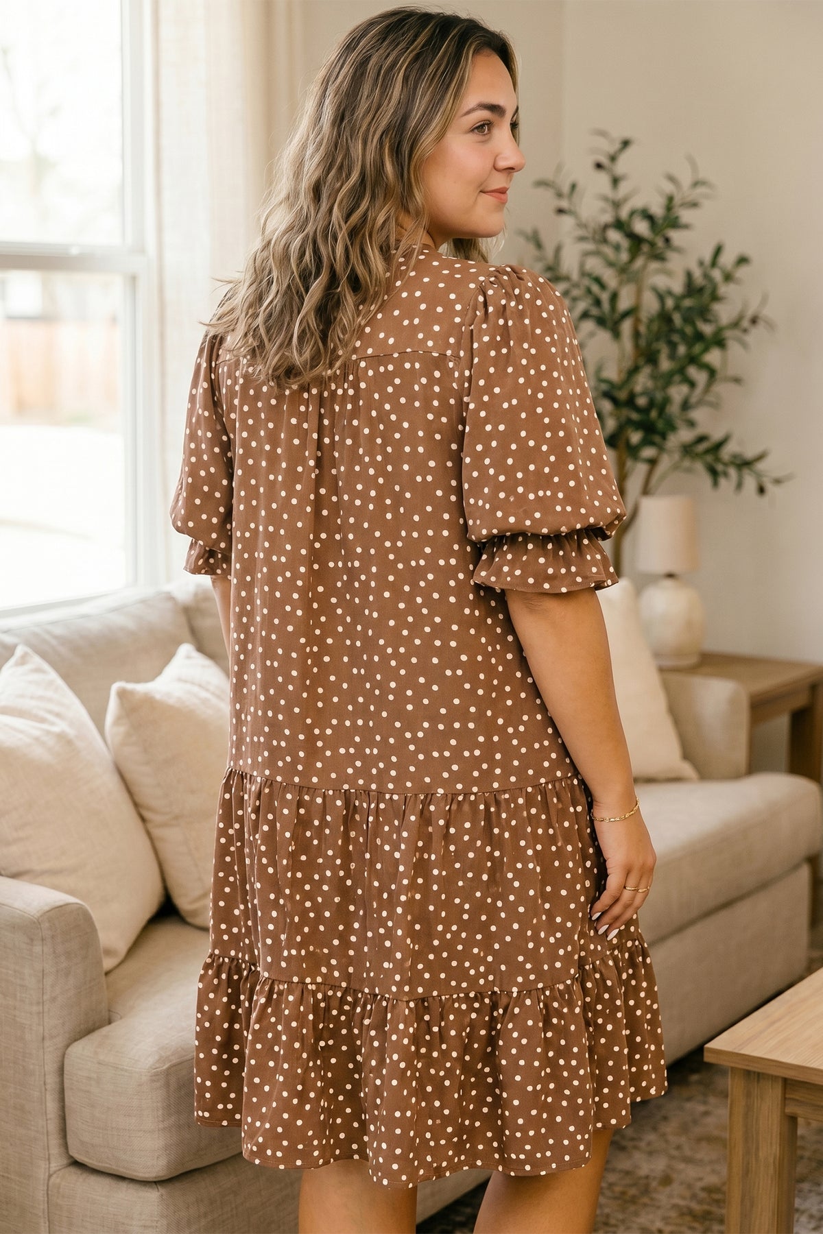 V Neck Polka Dot Long Sleeve Shift Plus Size Dress