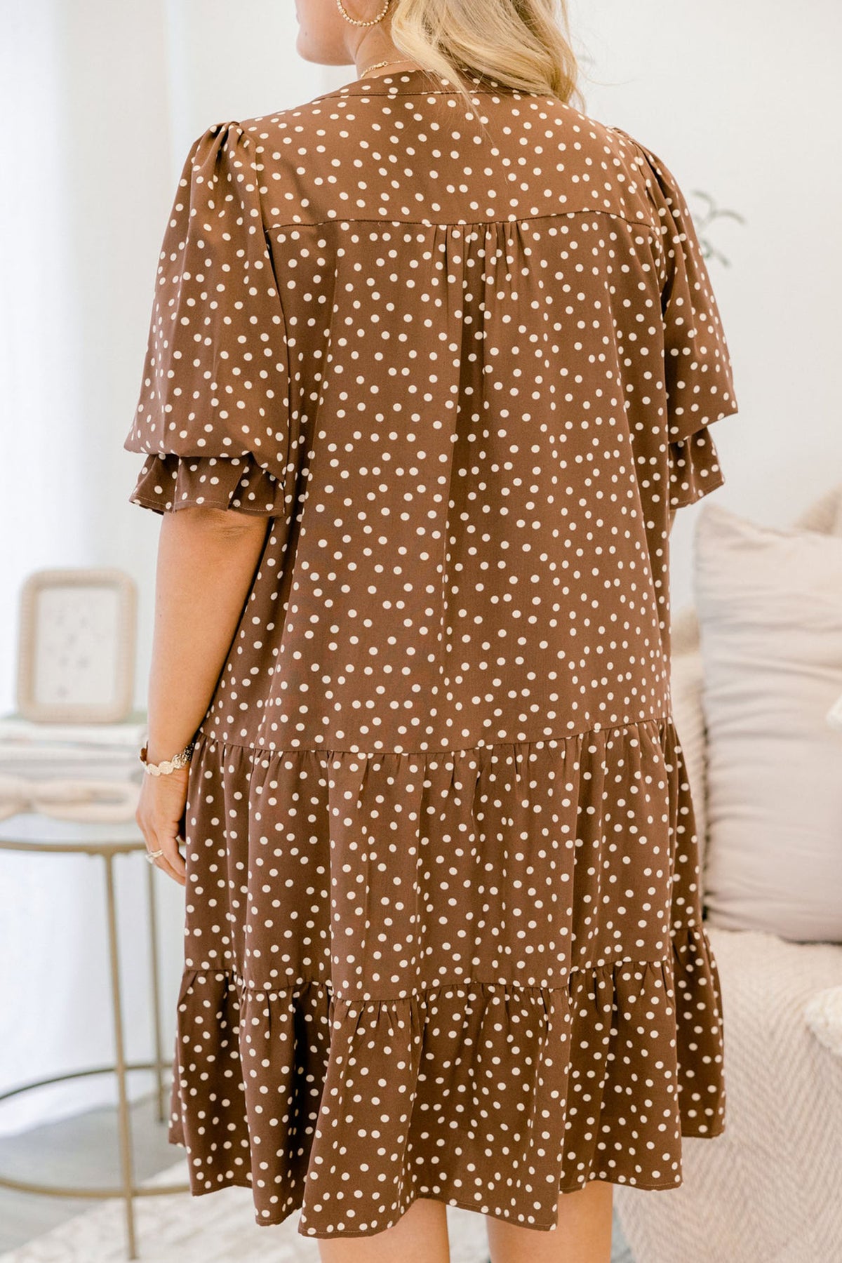 V Neck Polka Dot Long Sleeve Shift Plus Size Dress