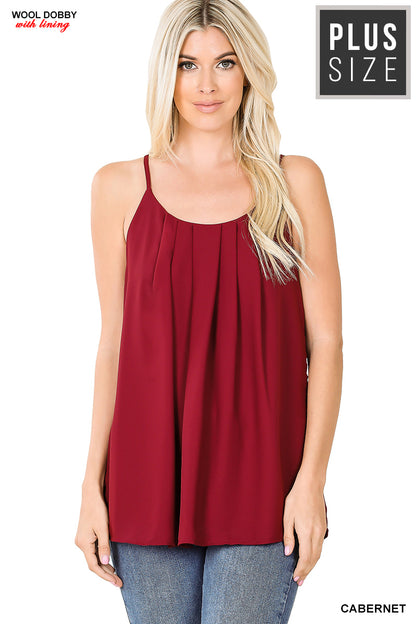 Plus woven wool dobby pleated spaghetti cami