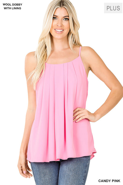 Plus woven wool dobby pleated spaghetti cami
