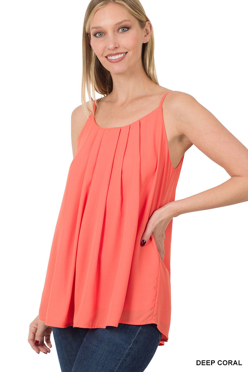 Woven wool dobby pleated spaghetti cami