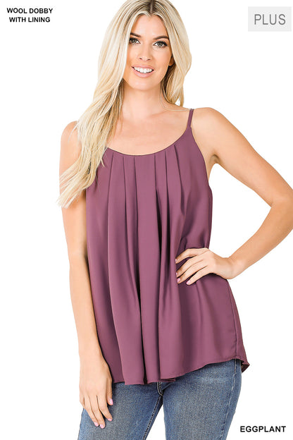Plus woven wool dobby pleated spaghetti cami