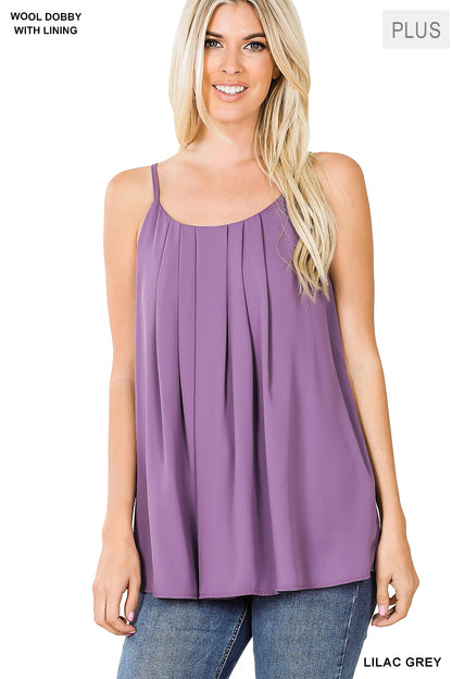Plus woven wool dobby pleated spaghetti cami