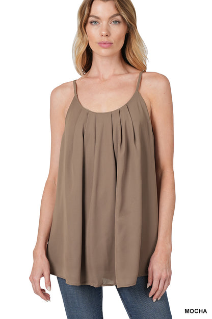 Woven wool dobby pleated spaghetti cami