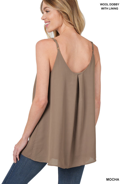 Woven wool dobby pleated spaghetti cami