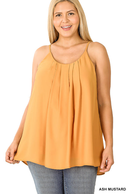 Plus woven wool dobby pleated spaghetti cami