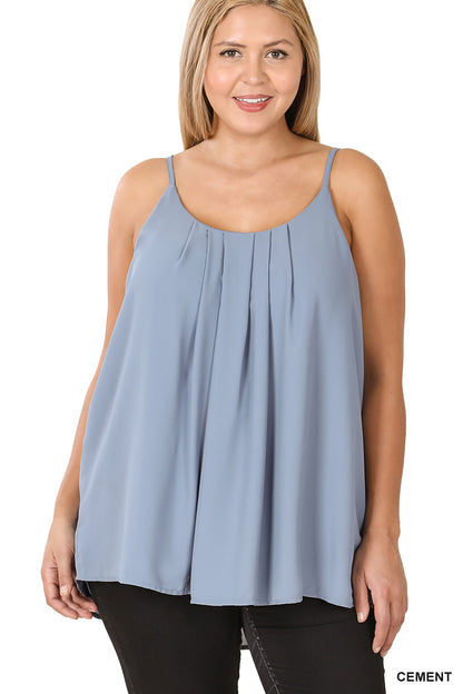 Plus woven wool dobby pleated spaghetti cami