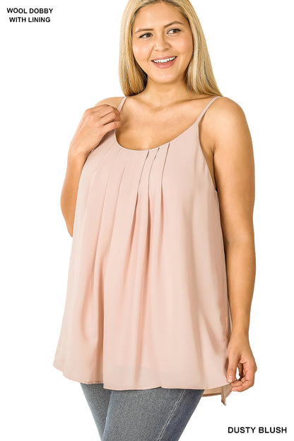 Plus woven wool dobby pleated spaghetti cami