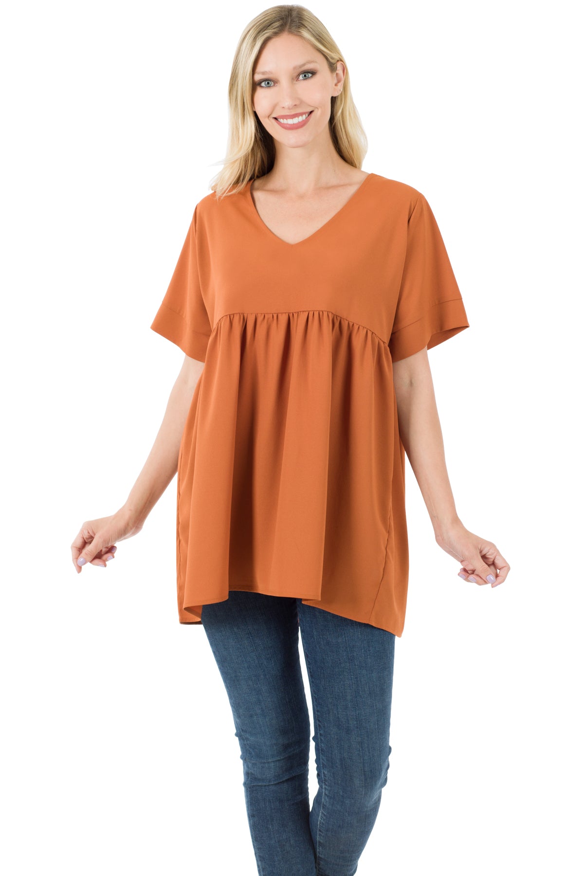 WOVEN HEAVY DOBBY EMPIRE WAIST SHIRRING TOP