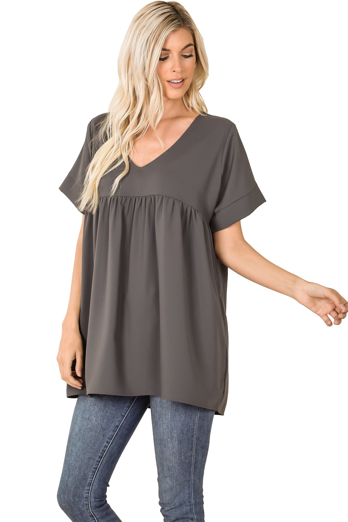WOVEN HEAVY DOBBY EMPIRE WAIST SHIRRING TOP