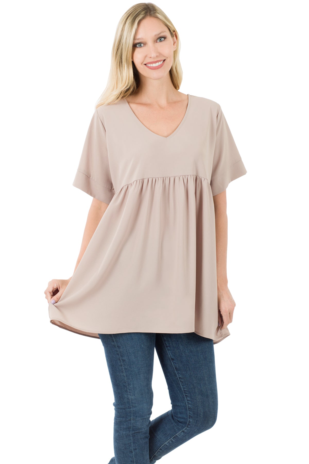 WOVEN HEAVY DOBBY EMPIRE WAIST SHIRRING TOP