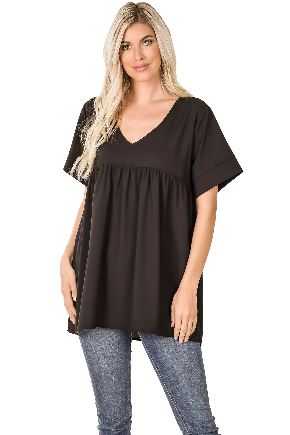 WOVEN HEAVY DOBBY EMPIRE WAIST SHIRRING TOP