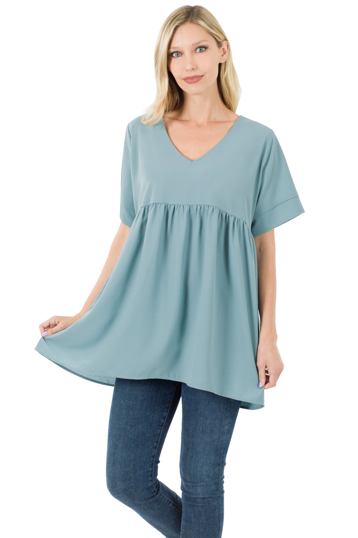 WOVEN HEAVY DOBBY EMPIRE WAIST SHIRRING TOP