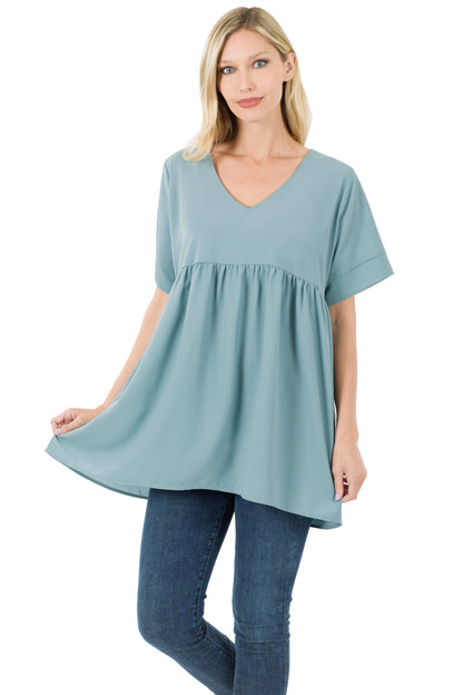 WOVEN HEAVY DOBBY EMPIRE WAIST SHIRRING TOP