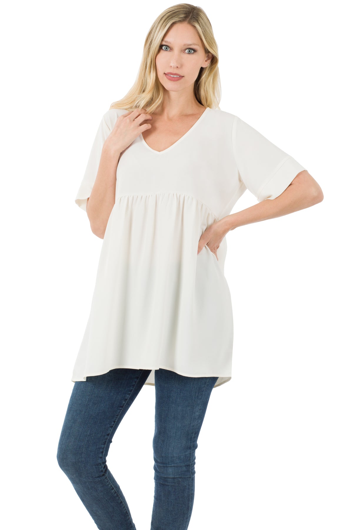 WOVEN HEAVY DOBBY EMPIRE WAIST SHIRRING TOP