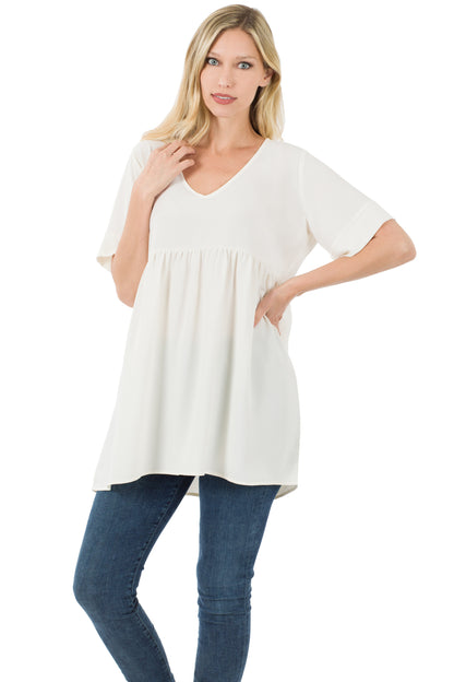 WOVEN HEAVY DOBBY EMPIRE WAIST SHIRRING TOP
