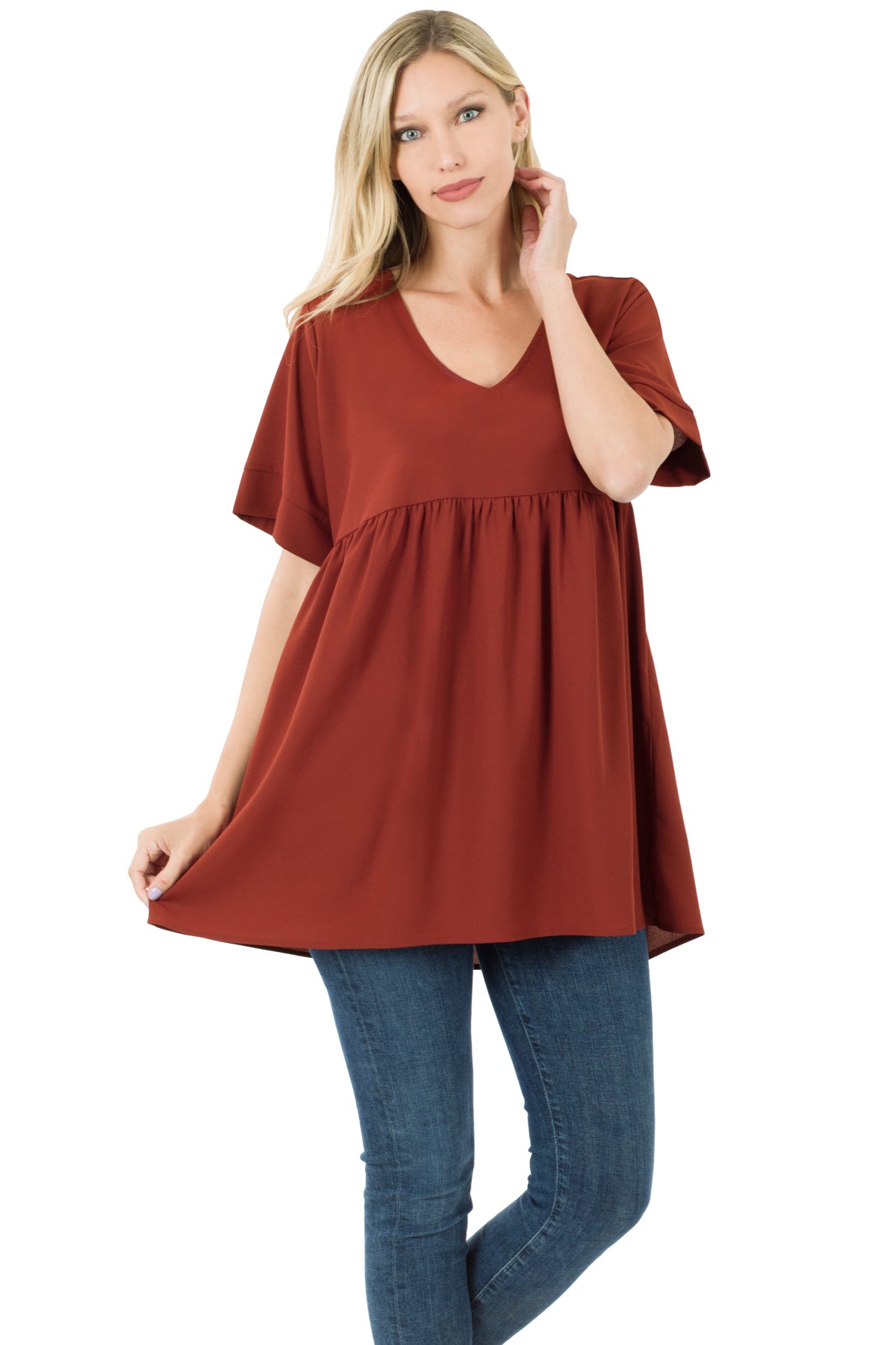 WOVEN HEAVY DOBBY EMPIRE WAIST SHIRRING TOP