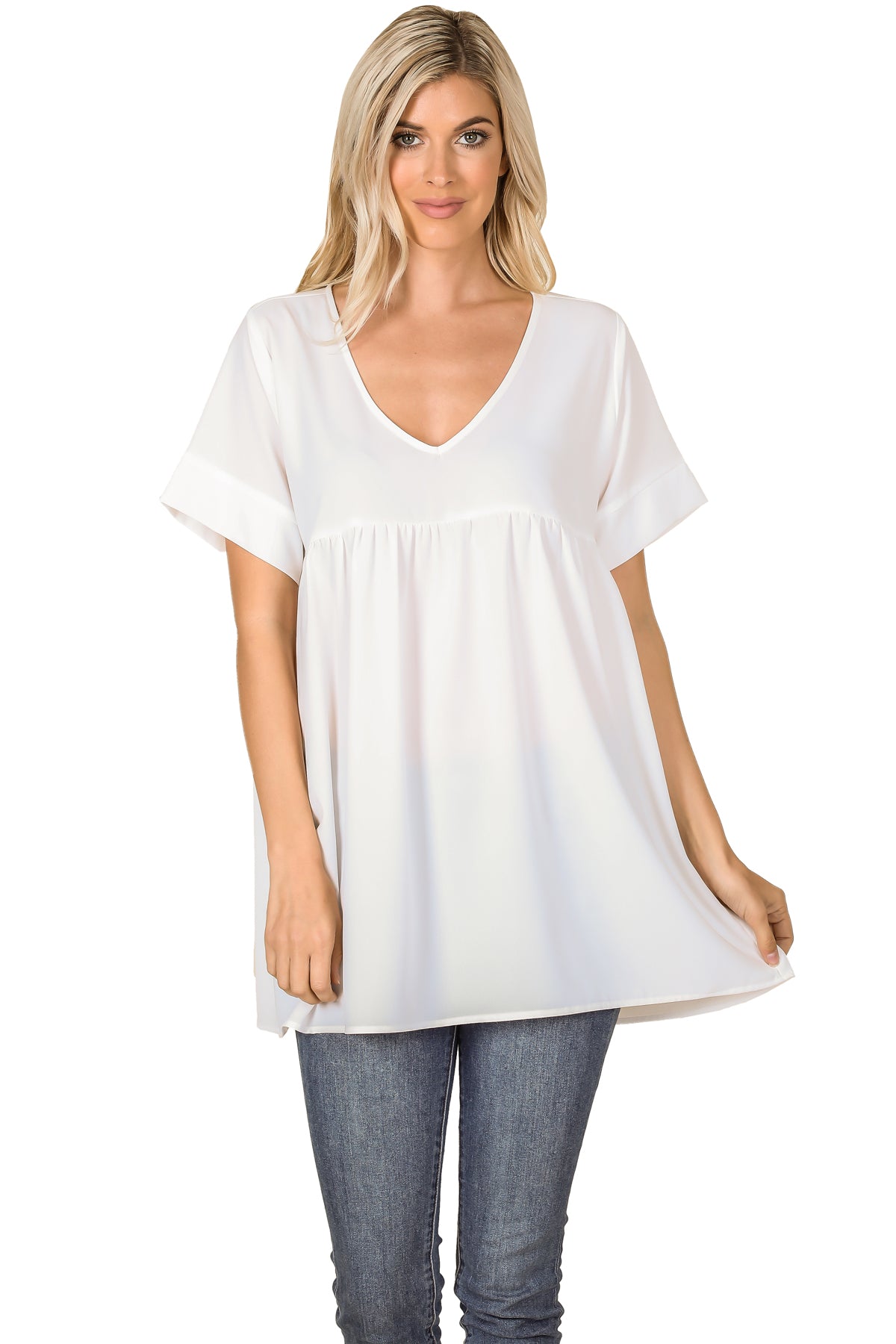 WOVEN HEAVY DOBBY EMPIRE WAIST SHIRRING TOP