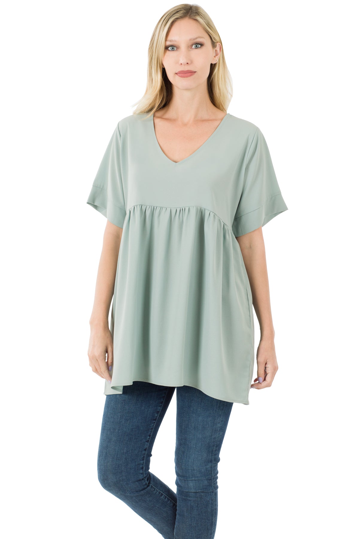 WOVEN HEAVY DOBBY EMPIRE WAIST SHIRRING TOP