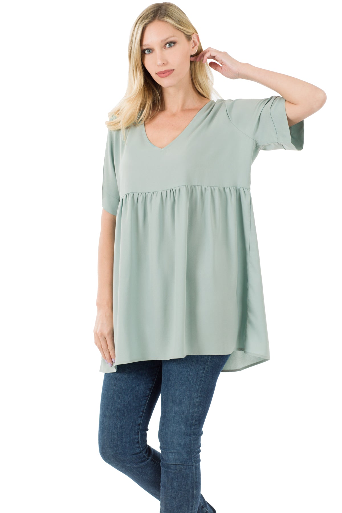 WOVEN HEAVY DOBBY EMPIRE WAIST SHIRRING TOP