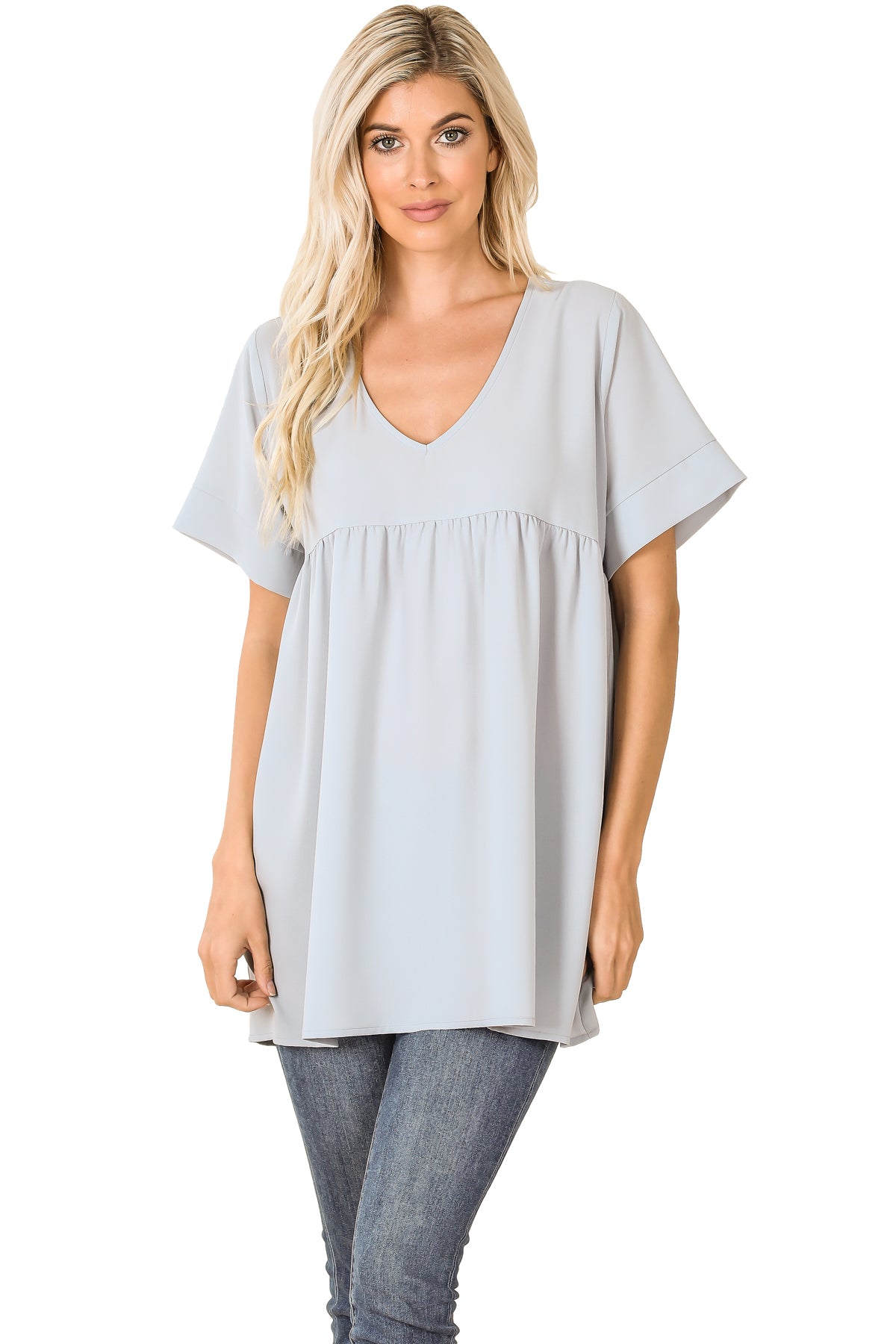 WOVEN HEAVY DOBBY EMPIRE WAIST SHIRRING TOP