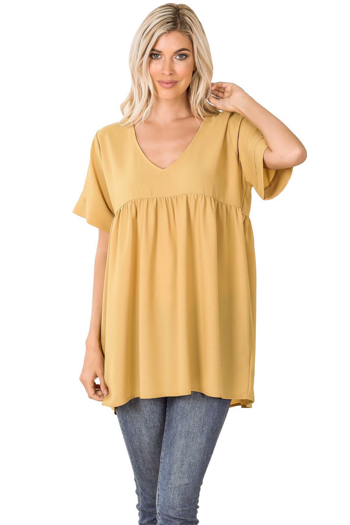 WOVEN HEAVY DOBBY EMPIRE WAIST SHIRRING TOP