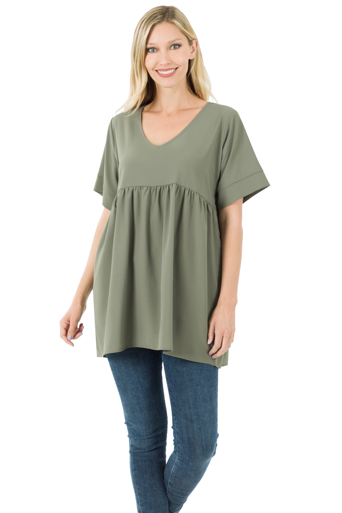 WOVEN HEAVY DOBBY EMPIRE WAIST SHIRRING TOP