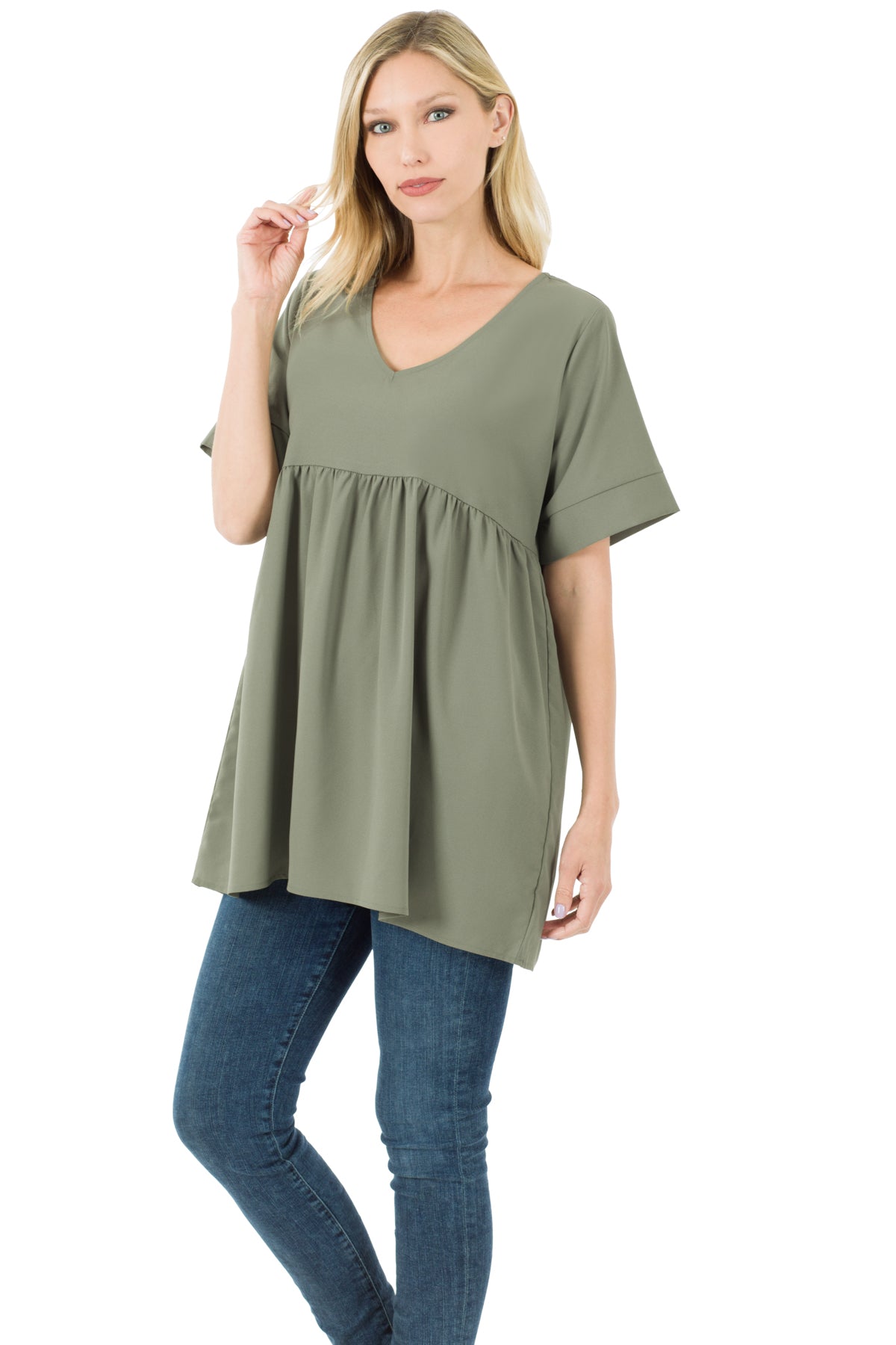 WOVEN HEAVY DOBBY EMPIRE WAIST SHIRRING TOP