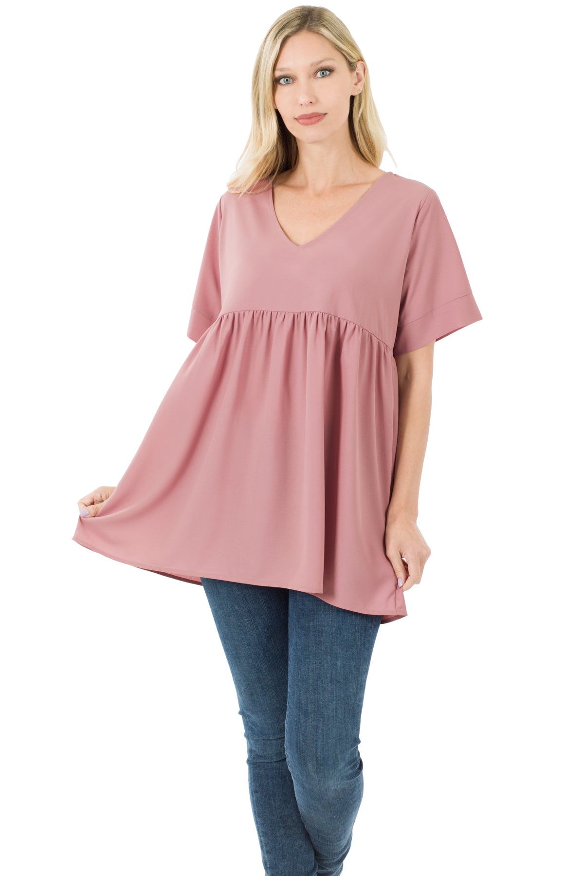 WOVEN HEAVY DOBBY EMPIRE WAIST SHIRRING TOP