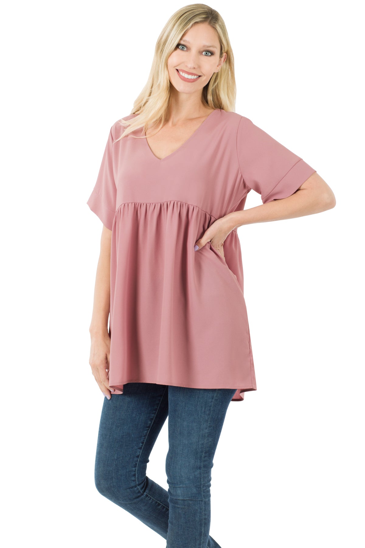 WOVEN HEAVY DOBBY EMPIRE WAIST SHIRRING TOP
