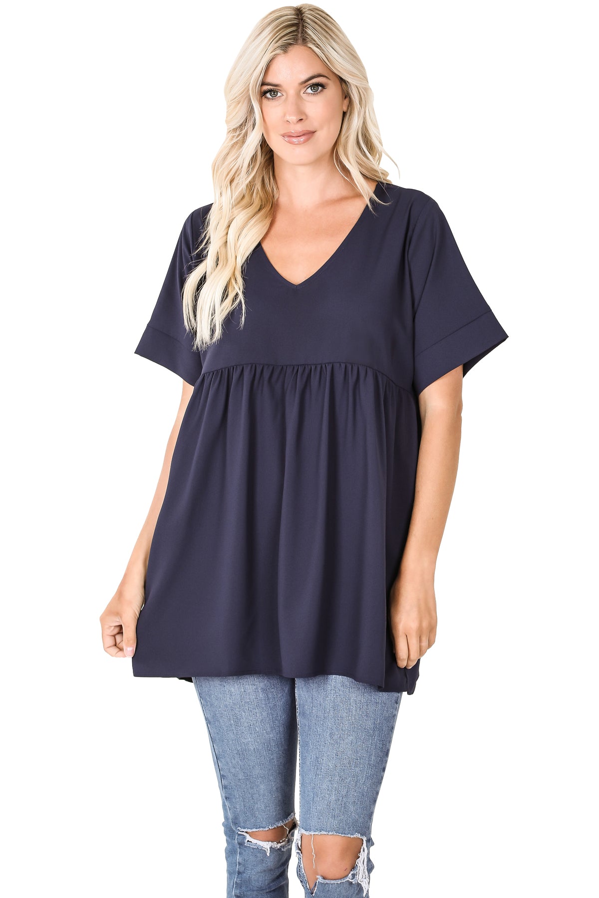 WOVEN HEAVY DOBBY EMPIRE WAIST SHIRRING TOP