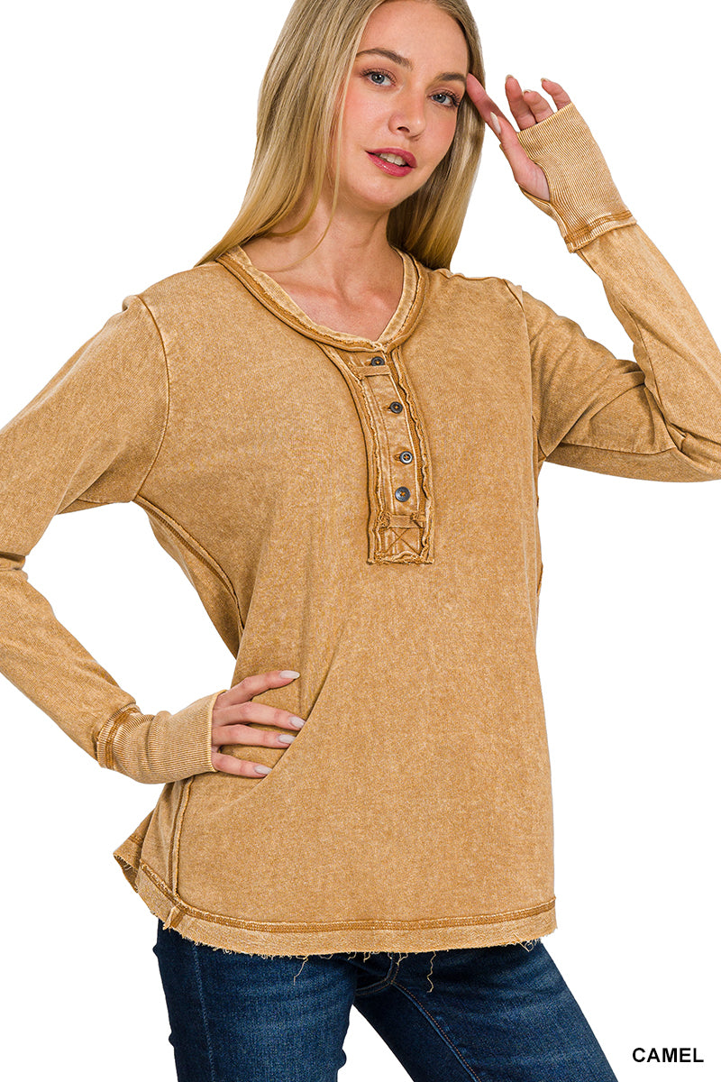 Womens Washed thumb hole cuffs long sleeve top