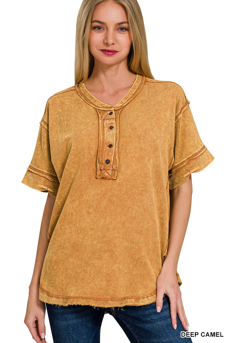 Womens Raw edge detailed button closure scoop neck top