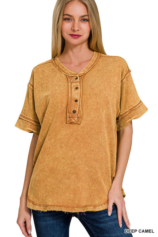 Womens Raw edge detailed button closure scoop neck top