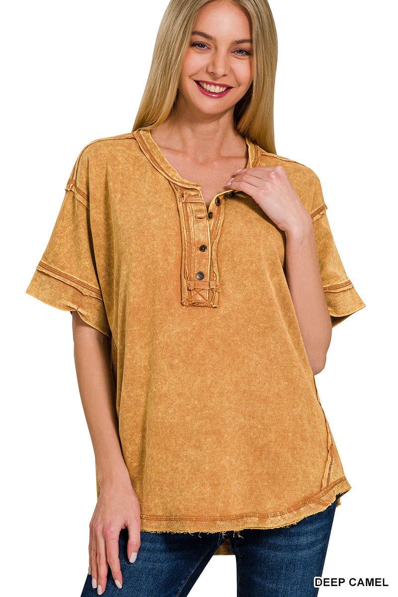 Womens Raw edge detailed button closure scoop neck top