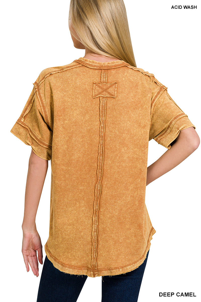 Womens Raw edge detailed button closure scoop neck top