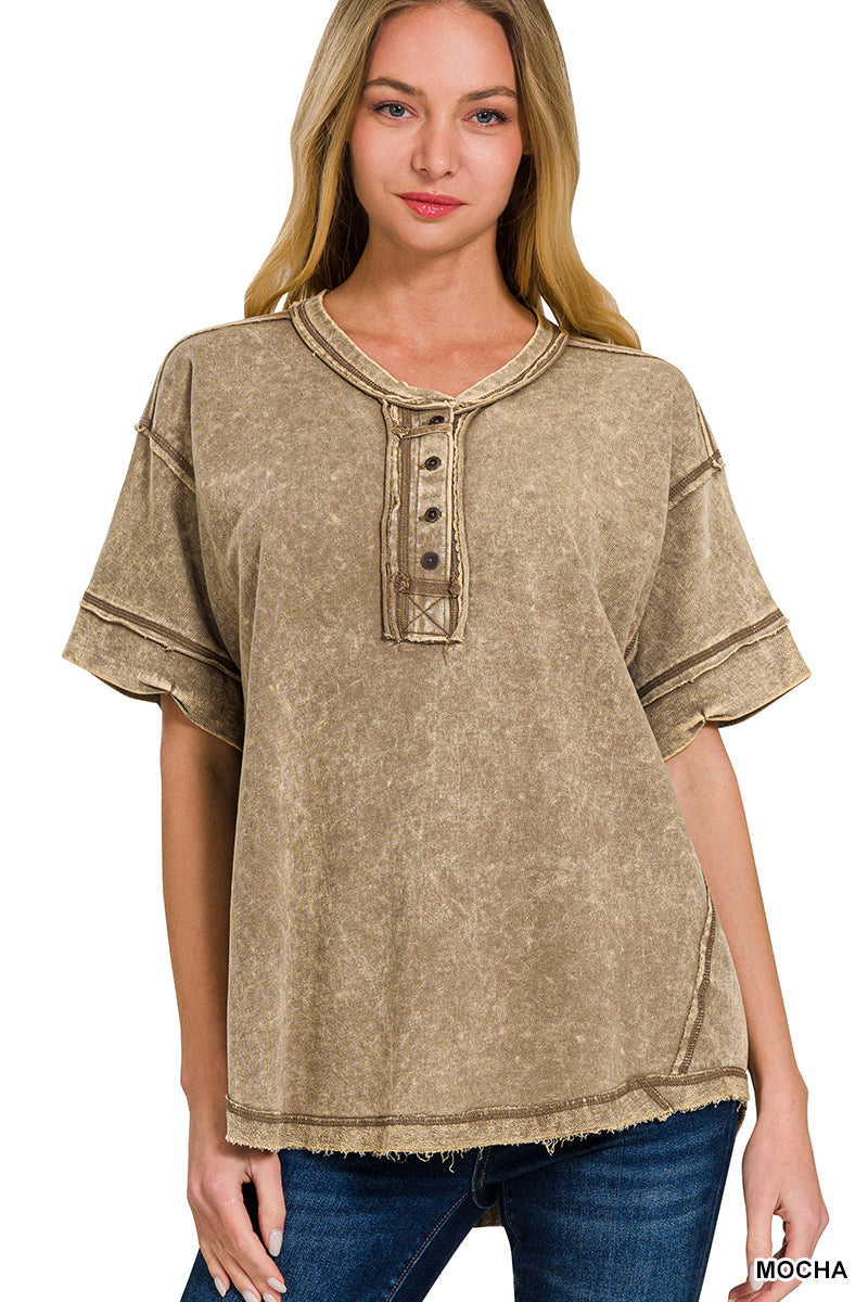 Womens Raw edge detailed button closure scoop neck top