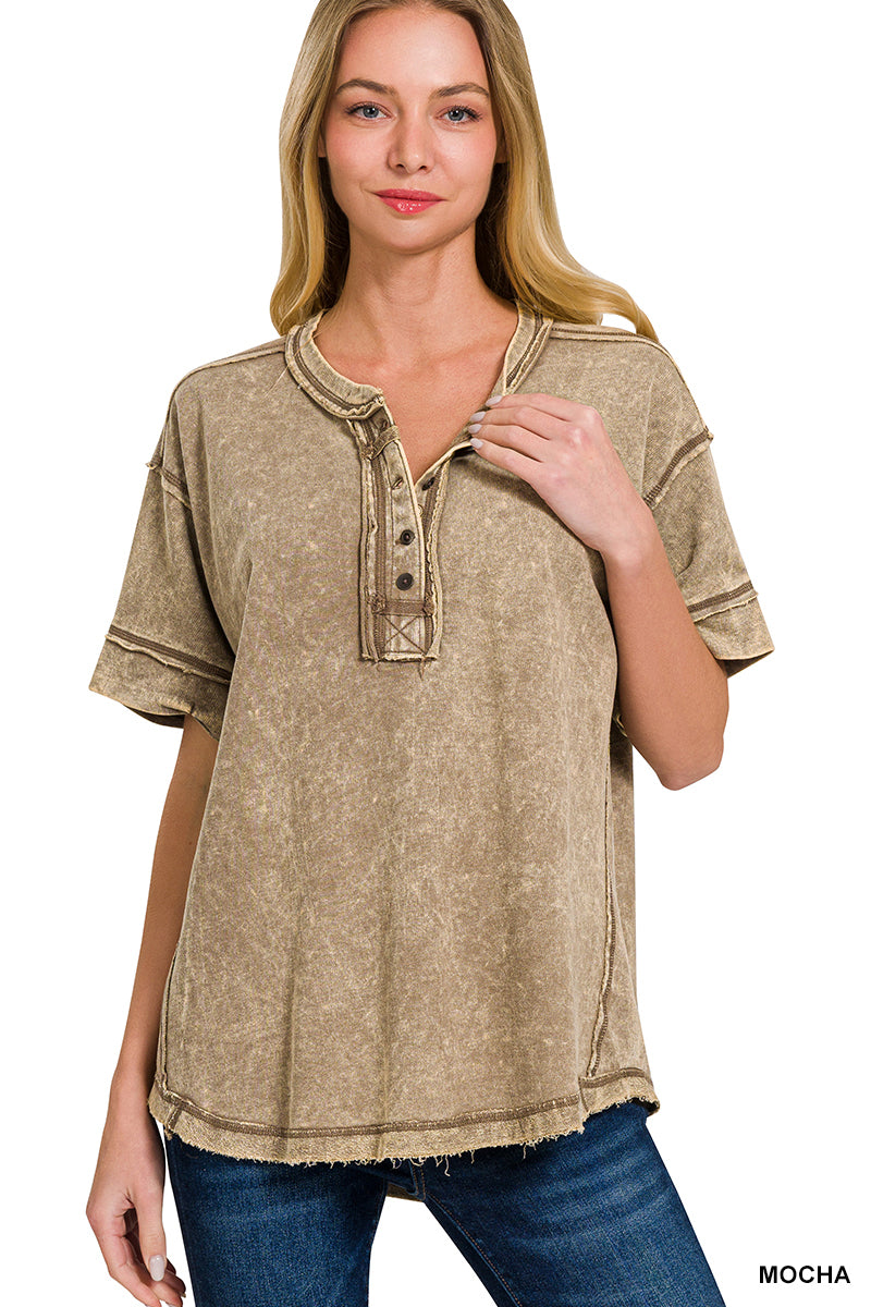 Womens Raw edge detailed button closure scoop neck top