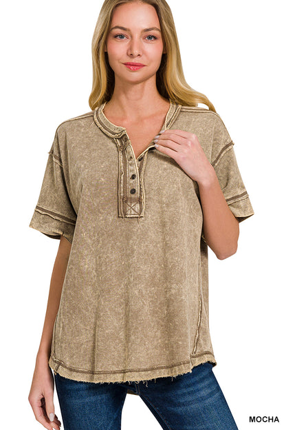 Womens Raw edge detailed button closure scoop neck top