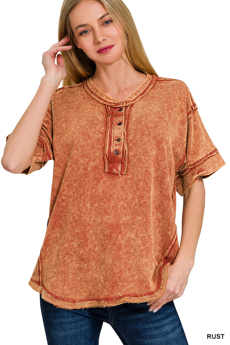 Womens Raw edge detailed button closure scoop neck top