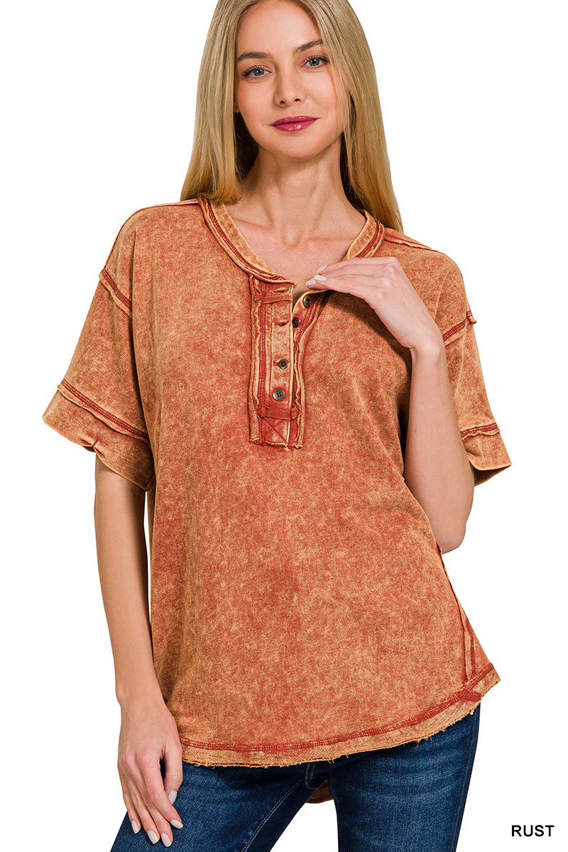 Womens Raw edge detailed button closure scoop neck top